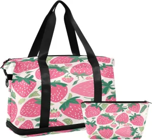 Kigai Strawberry Flower Gym Bag for Women & Men,Waterproof Weekender Overnight Bag with Shoes Compartment Sports Duffel Bag for Gym Yoga Swimming Camping