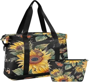 Kigai Sunflower Butterfly Gym Bag for Women & Men,Waterproof Weekender Overnight Bag with Shoes Compartment Sports Duffel Bag for Gym Yoga Swimming Camping