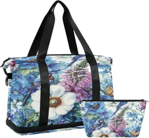 Kigai Vintage Bird Flower Gym Bag for Women & Men,Waterproof Weekender Overnight Bag with Shoes Compartment Sports Duffel Bag for Gym Yoga Swimming Camping