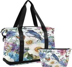 Kigai Vintage Bird Flower Gym Bag for Women & Men,Waterproof Weekender Overnight Bag with Shoes Compartment Sports Duffel Bag for Gym Yoga Swimming Camping