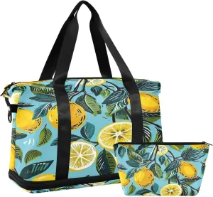 Kigai Vintage Lemon Gym Bag for Women & Men,Waterproof Weekender Overnight Bag with Shoes Compartment Sports Duffel Bag for Gym Yoga Swimming Camping