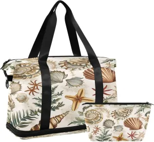 Kigai Vintage Shells Gym Bag for Women & Men,Waterproof Weekender Overnight Bag with Shoes Compartment Sports Duffel Bag for Gym Yoga Swimming Camping