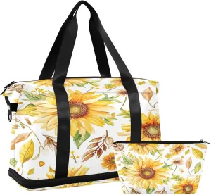 Kigai Vintage Sunflower Gym Bag for Women & Men,Waterproof Weekender Overnight Bag with Shoes Compartment Sports Duffel Bag for Gym Yoga Swimming Camping