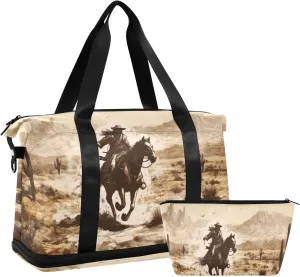 Kigai Western Desert Cowboy Gym Bag for Women & Men,Waterproof Weekender Overnight Bag with Shoes Compartment Sports Duffel Bag for Gym Yoga Swimming Camping