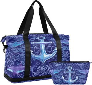 Kigai Whale Anchor Gym Bag for Women & Men,Waterproof Weekender Overnight Bag with Shoes Compartment Sports Duffel Bag for Gym Yoga Swimming Camping