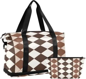 Kigai White Brown Plaid Gym Bag for Women & Men,Waterproof Weekender Overnight Bag with Shoes Compartment Sports Duffel Bag for Gym Yoga Swimming Camping