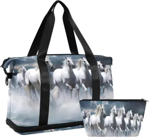 Kigai White Horse Gym Bag for Women & Men,Waterproof Weekender Overnight Bag with Shoes Compartment Sports Duffel Bag for Gym Yoga Swimming Camping