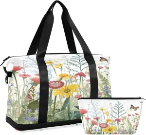 Kigai Wild Flower Gym Bag for Women & Men,Waterproof Weekender Overnight Bag with Shoes Compartment Sports Duffel Bag for Gym Yoga Swimming Camping