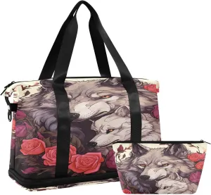 Kigai Wolf and Flowers Gym Bag for Women & Men,Waterproof Weekender Overnight Bag with Shoes Compartment Sports Duffel Bag for Gym Yoga Swimming Camping
