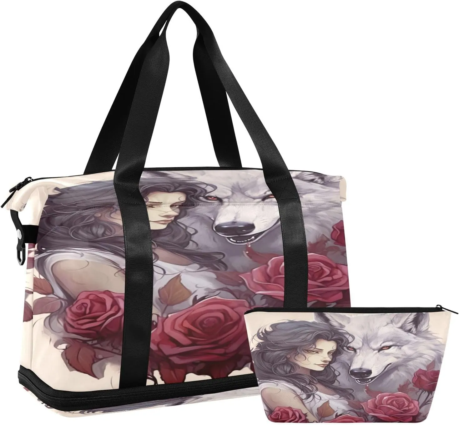 Kigai Wolf and Flowers Gym Bag for Women & Men,Waterproof Weekender Overnight Bag with Shoes Compartment Sports Duffel Bag for Gym Yoga Swimming Camping