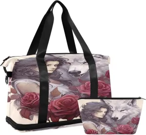 Kigai Wolf and Flowers Gym Bag for Women & Men,Waterproof Weekender Overnight Bag with Shoes Compartment Sports Duffel Bag for Gym Yoga Swimming Camping