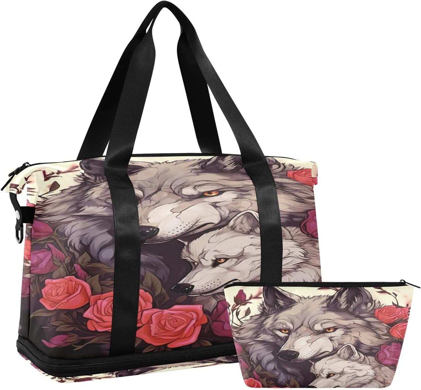 Kigai Wolf and Flowers Gym Bag for Women & Men,Waterproof Weekender Overnight Bag with Shoes Compartment Sports Duffel Bag for Gym Yoga Swimming Camping