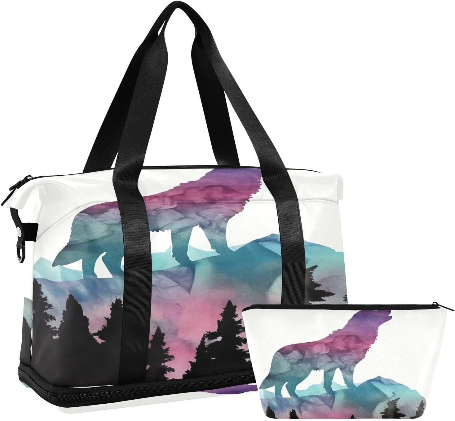 Kigai Wolf Mountain Gym Bag for Women & Men,Waterproof Weekender Overnight Bag with Shoes Compartment Sports Duffel Bag for Gym Yoga Swimming Camping