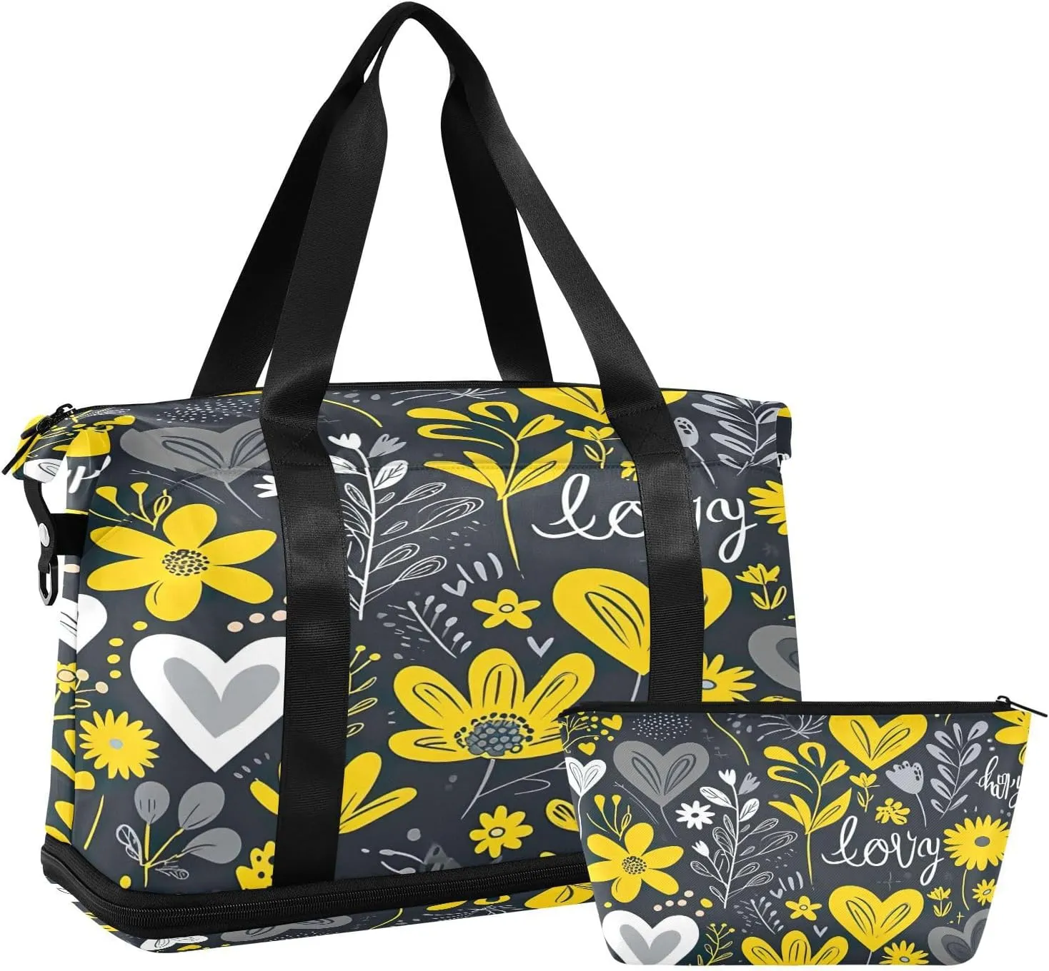 Kigai Yellow White Daisy Gym Bag for Women & Men,Waterproof Weekender Overnight Bag with Shoes Compartment Sports Duffel Bag for Gym Yoga Swimming Camping