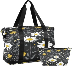 Kigai Yellow White Daisy Gym Bag for Women & Men,Waterproof Weekender Overnight Bag with Shoes Compartment Sports Duffel Bag for Gym Yoga Swimming Camping