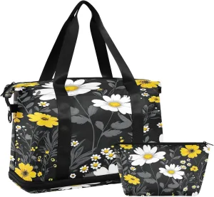 Kigai Yellow White Daisy Gym Bag for Women & Men,Waterproof Weekender Overnight Bag with Shoes Compartment Sports Duffel Bag for Gym Yoga Swimming Camping