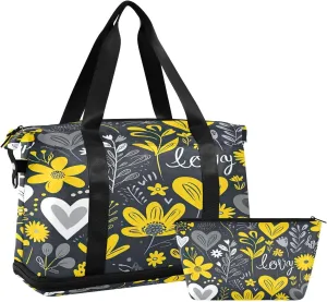 Kigai Yellow White Daisy Gym Bag for Women & Men,Waterproof Weekender Overnight Bag with Shoes Compartment Sports Duffel Bag for Gym Yoga Swimming Camping