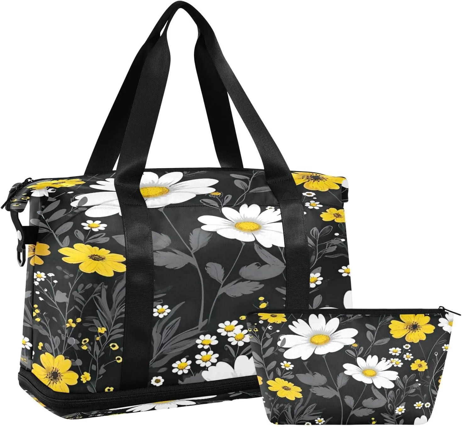 Kigai Yellow White Daisy Gym Bag for Women & Men,Waterproof Weekender Overnight Bag with Shoes Compartment Sports Duffel Bag for Gym Yoga Swimming Camping