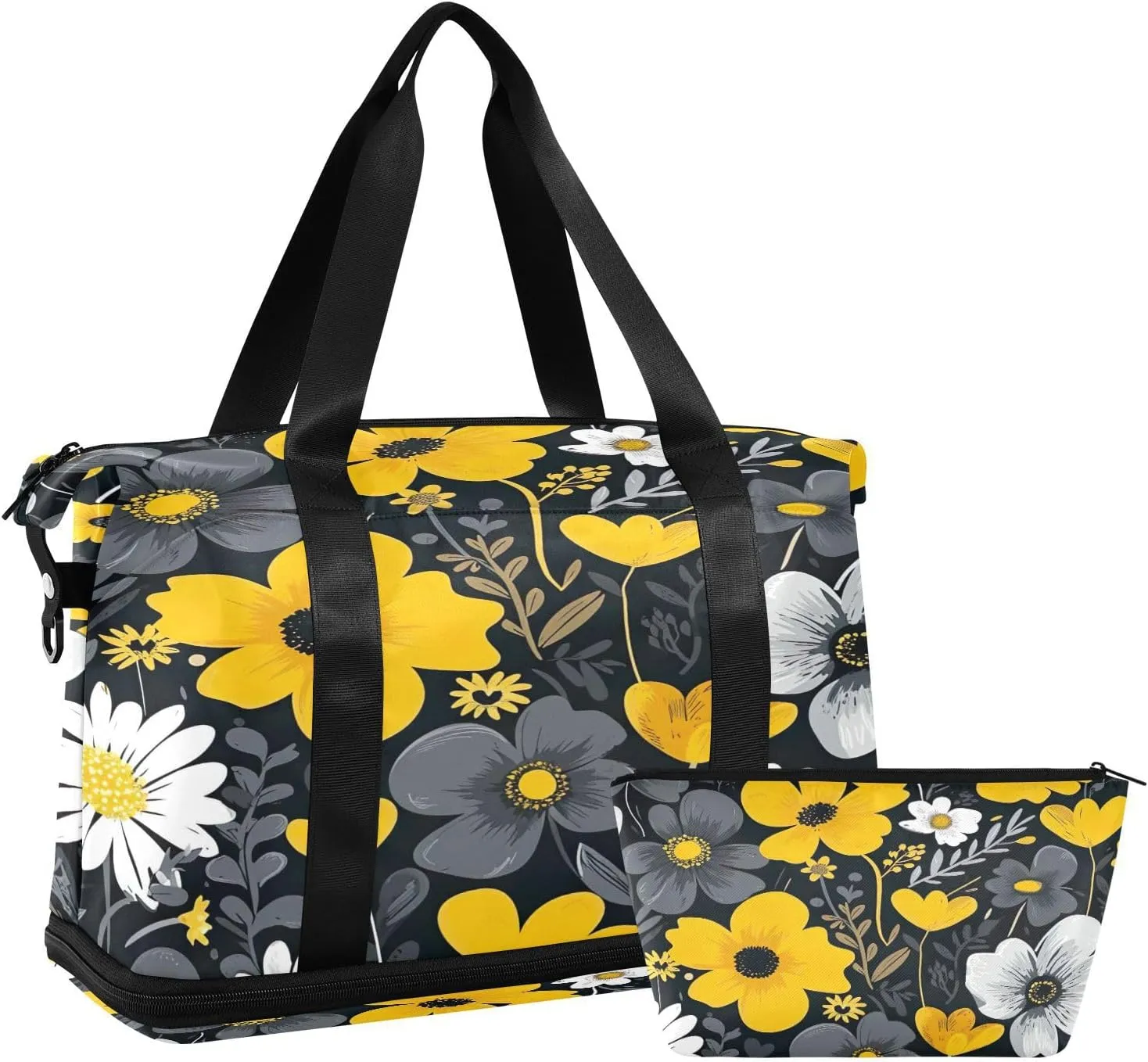 Kigai Yellow White Daisy Gym Bag for Women & Men,Waterproof Weekender Overnight Bag with Shoes Compartment Sports Duffel Bag for Gym Yoga Swimming Camping