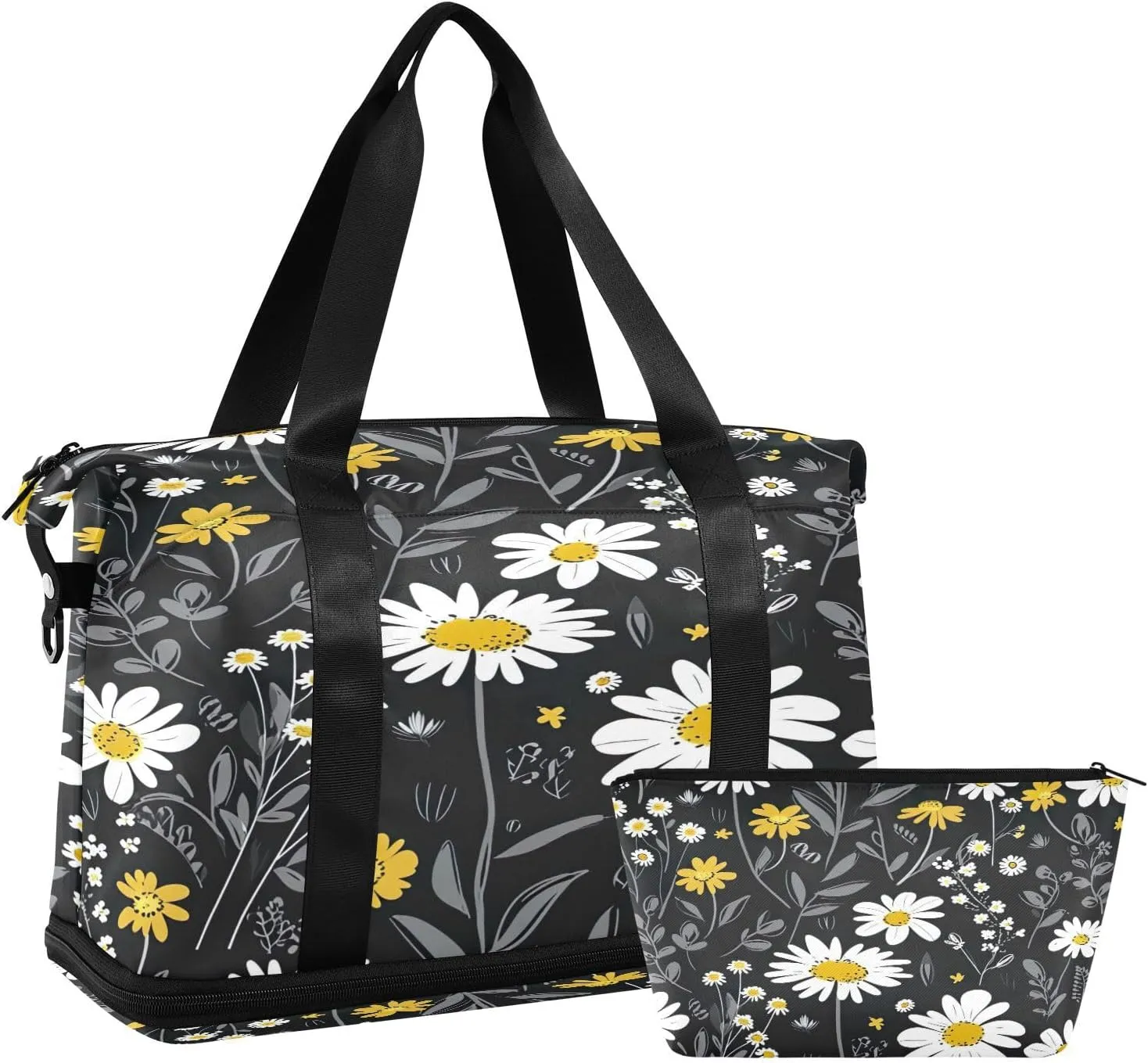 Kigai Yellow White Daisy Gym Bag for Women & Men,Waterproof Weekender Overnight Bag with Shoes Compartment Sports Duffel Bag for Gym Yoga Swimming Camping