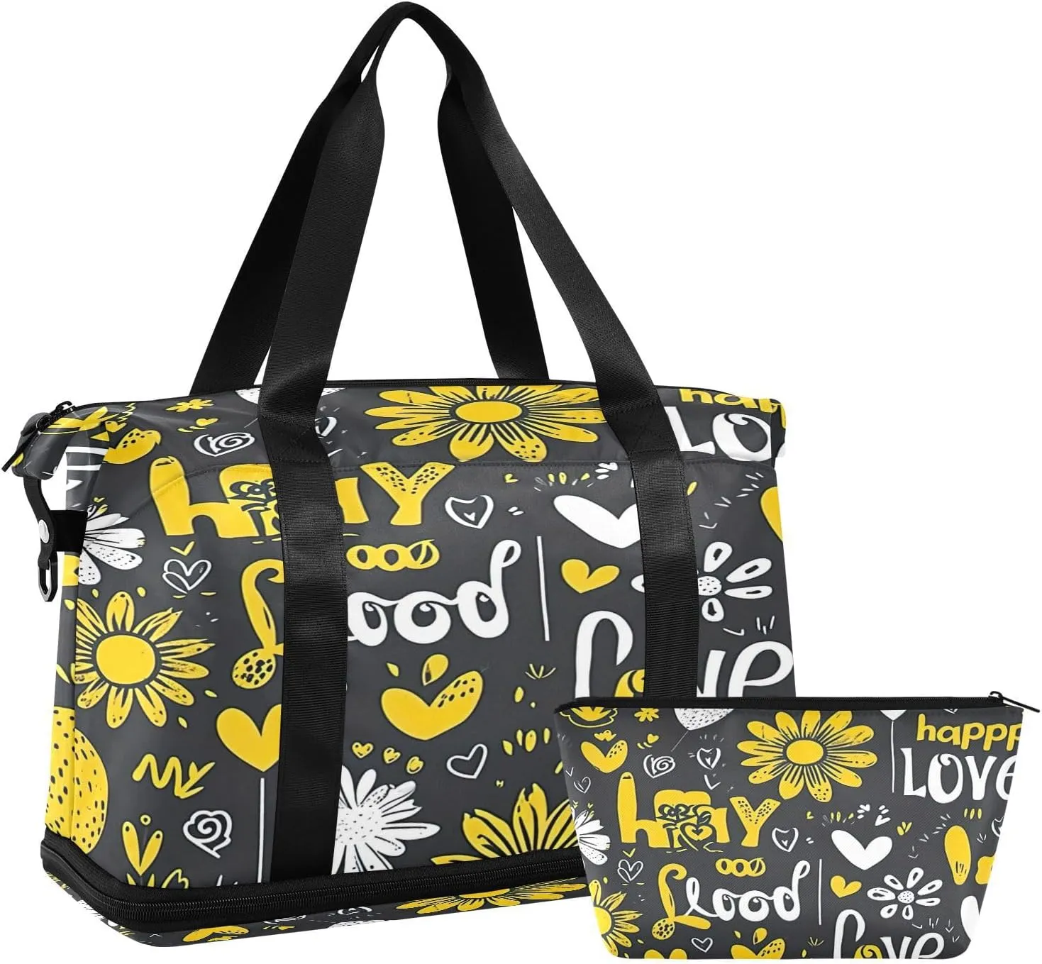 Kigai Yellow White Daisy Gym Bag for Women & Men,Waterproof Weekender Overnight Bag with Shoes Compartment Sports Duffel Bag for Gym Yoga Swimming Camping