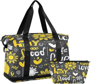 Kigai Yellow White Daisy Gym Bag for Women & Men,Waterproof Weekender Overnight Bag with Shoes Compartment Sports Duffel Bag for Gym Yoga Swimming Camping