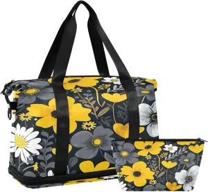 Kigai Yellow White Daisy Gym Bag for Women & Men,Waterproof Weekender Overnight Bag with Shoes Compartment Sports Duffel Bag for Gym Yoga Swimming Camping