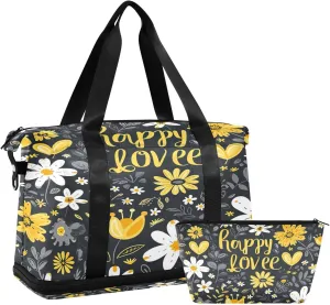 Kigai Yellow White Daisy Gym Bag for Women & Men,Waterproof Weekender Overnight Bag with Shoes Compartment Sports Duffel Bag for Gym Yoga Swimming Camping