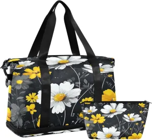 Kigai Yellow White Daisy Gym Bag for Women & Men,Waterproof Weekender Overnight Bag with Shoes Compartment Sports Duffel Bag for Gym Yoga Swimming Camping