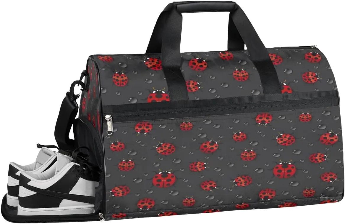 Ladybugs Sports Gym Bag for Women and Men Travel Duffel Bag Black Overnight Shoulder Bag Waterproof Workout Bag Portable Sports Tote with Shoes Compartment