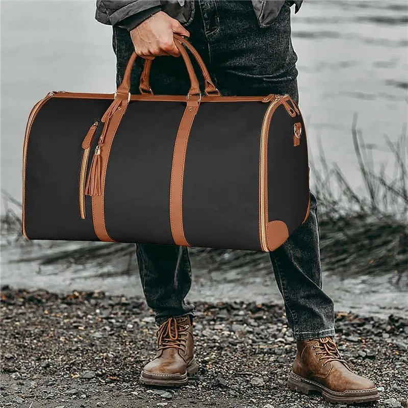 Large Capacity Carry On Garment Bag PU Leather Duffle Bag for Women Waterproof Garment Bags for Travel with Shoe Pouch 2 in 1 Hanging Suitcase Suit Travel Bags (Black)
