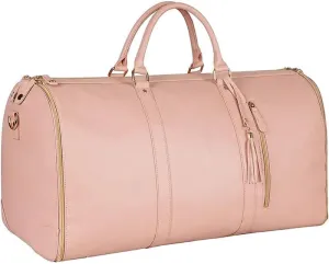 Large Capacity Carry On Garment Bag PU Leather Duffle Bag for Women Waterproof Garment Bags for Travel with Shoe Pouch 2 in 1 Hanging Suitcase Suit Travel Bags (Pink)