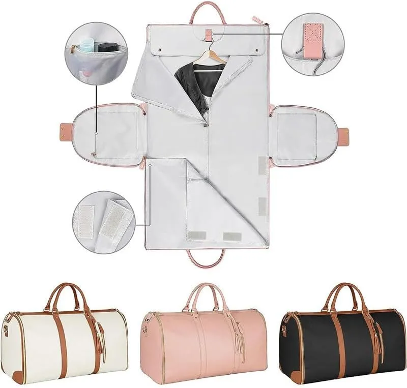 Large Capacity Carry On Garment Bag PU Leather Duffle Bag for Women Waterproof Garment Bags for Travel with Shoe Pouch 2 in 1 Hanging Suitcase Suit Travel Bags (Pink)