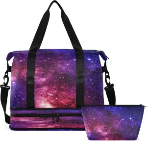 Large Gym Bag Galaxy Sports Travel Duffel Bag,Weekender Overnight Bag with Wet Pocket and Shoes Compartment for Women Girls Travel, Gym, Yoga, School
