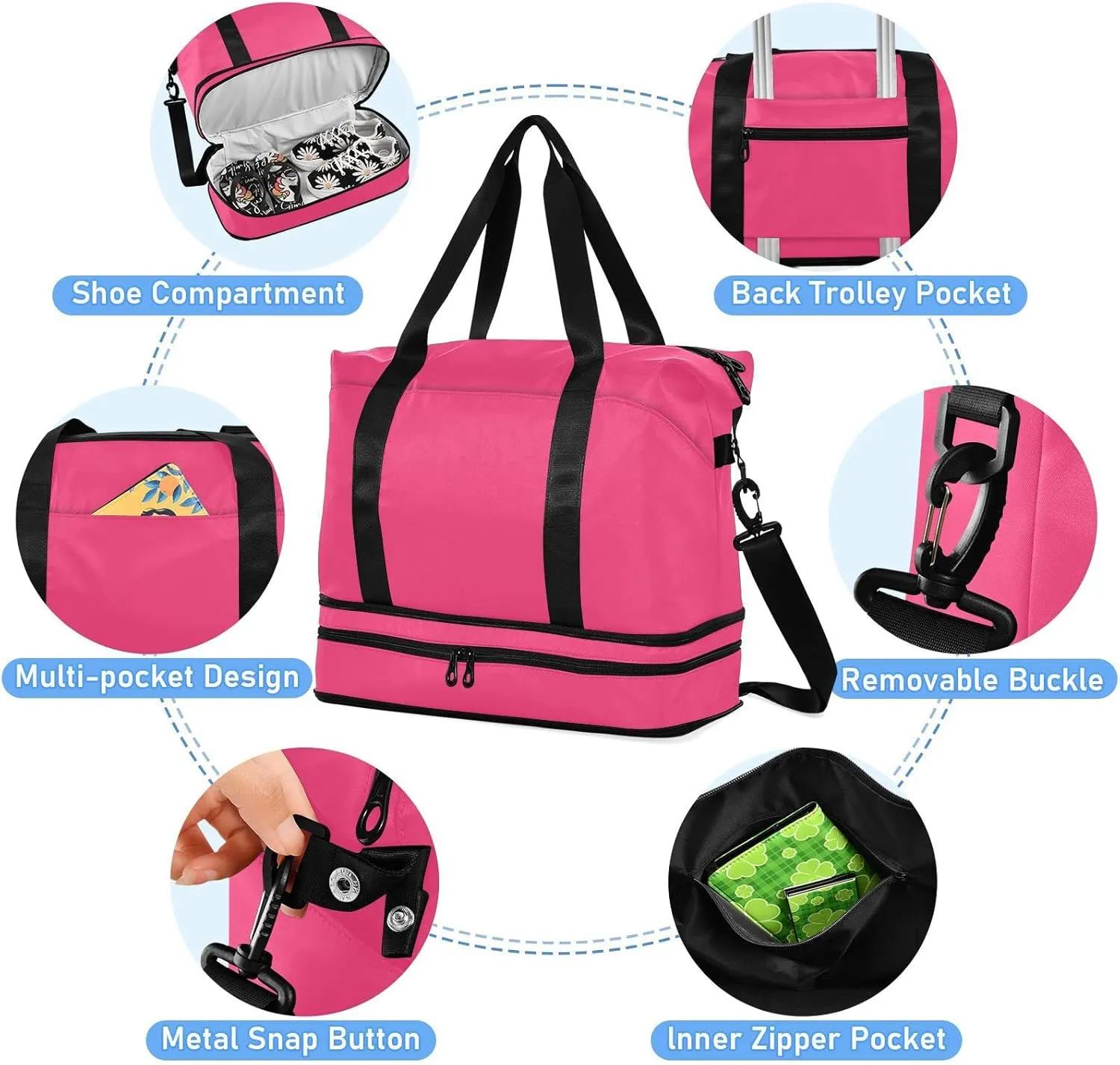 Large Gym Bag Pink Sports Travel Duffel Bag,Weekender Overnight Bag with Wet Pocket and Shoes Compartment for Women Girls Travel, Gym, Yoga, School