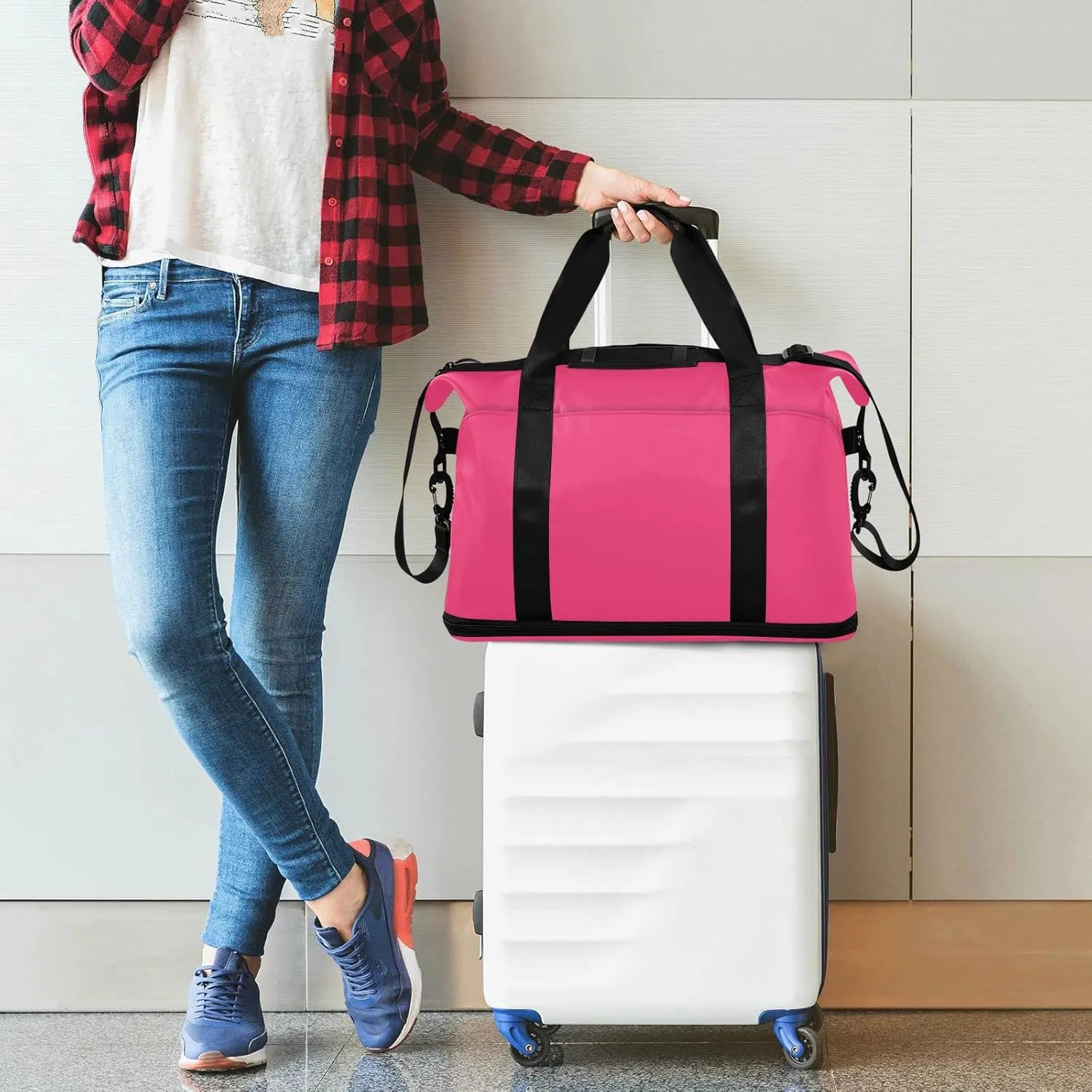 Large Gym Bag Pink Sports Travel Duffel Bag,Weekender Overnight Bag with Wet Pocket and Shoes Compartment for Women Girls Travel, Gym, Yoga, School