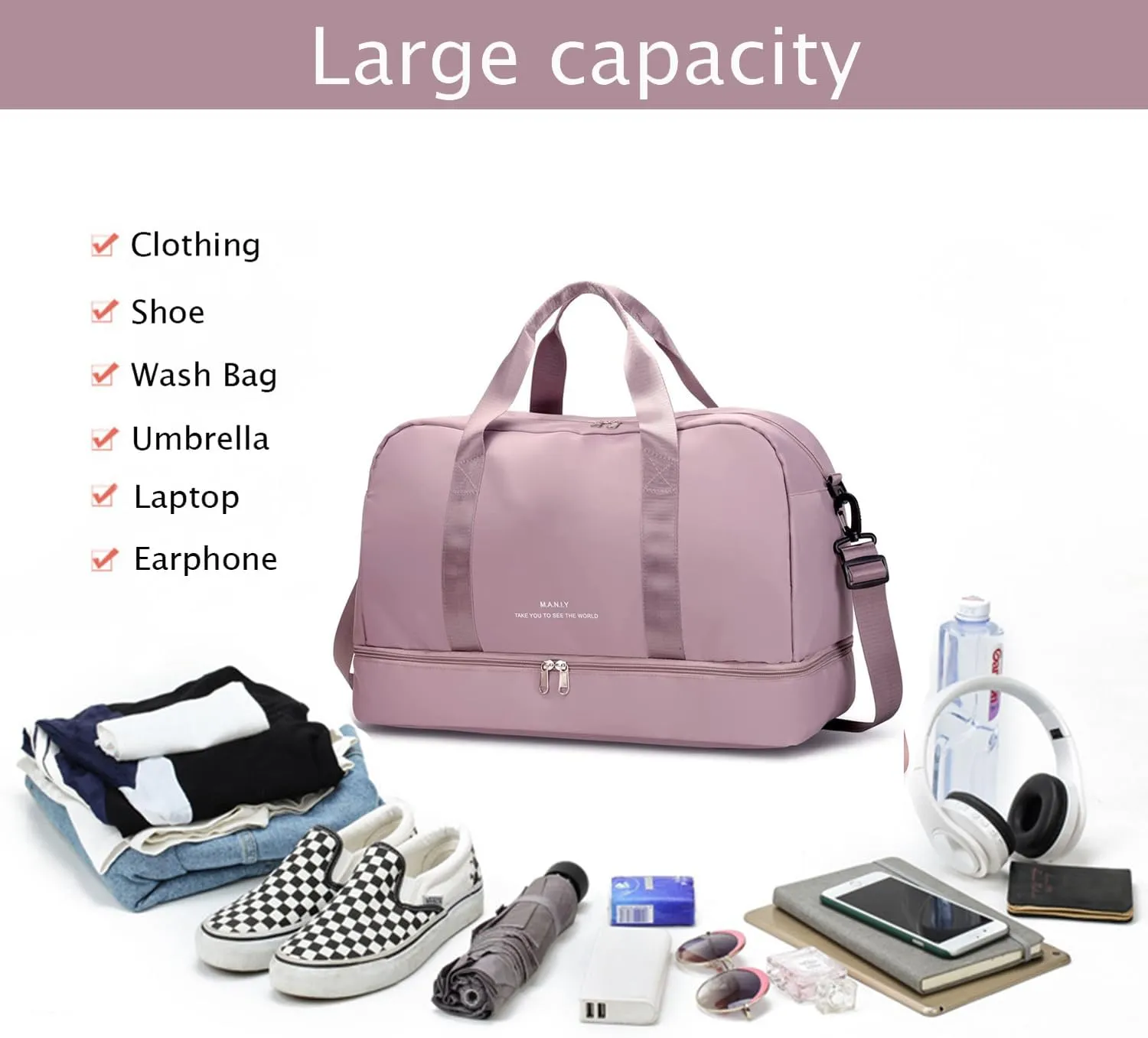 Light Gym Bag for Women, Large Capacity Sports Travel Duffle Bag with with Shoe Compartment & Wet Pocket,Lady Weekender Overnight Aircraft Bag Pink