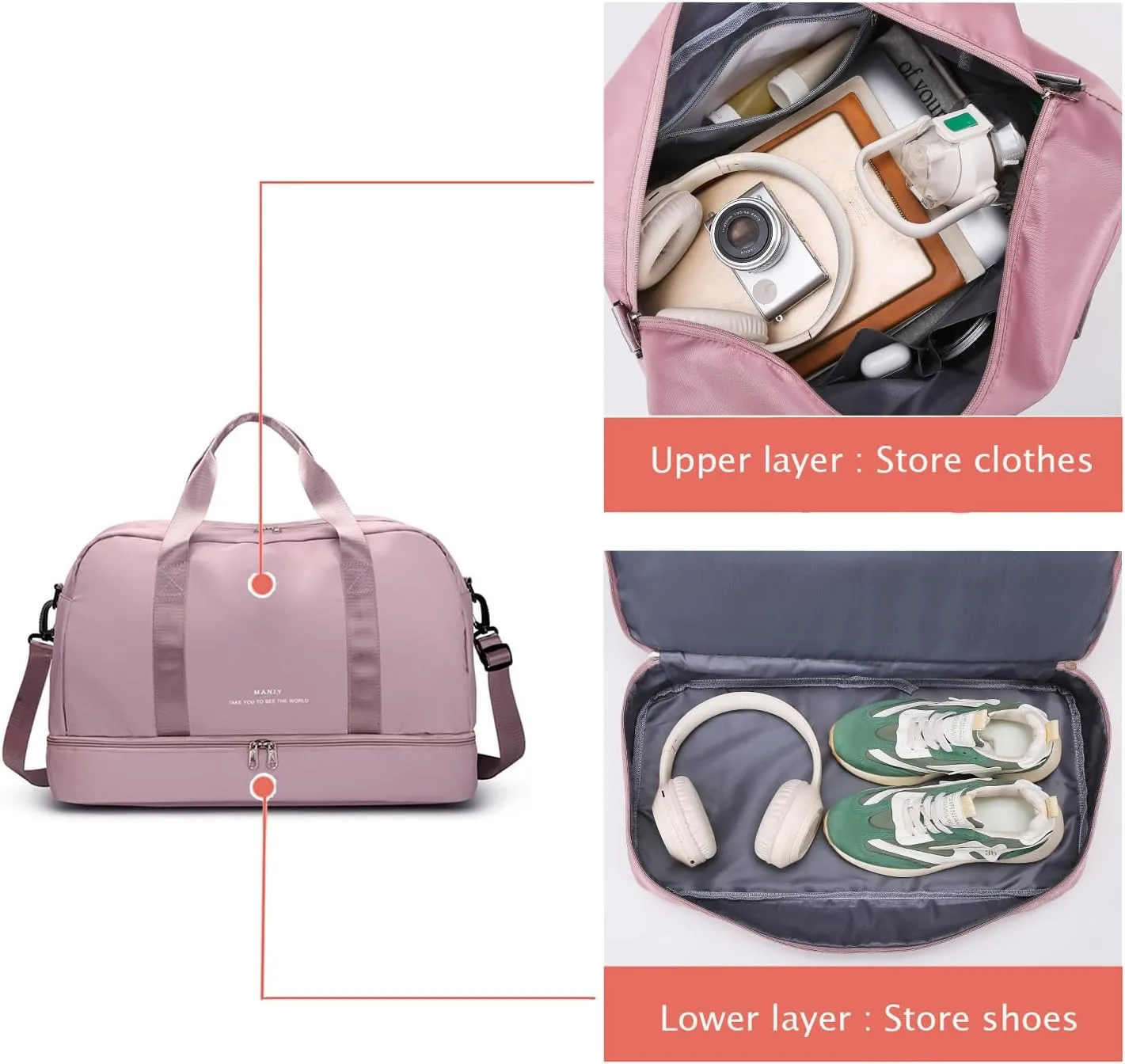 Light Gym Bag for Women, Large Capacity Sports Travel Duffle Bag with with Shoe Compartment & Wet Pocket,Lady Weekender Overnight Aircraft Bag Pink