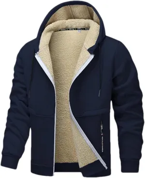 Men Drawstring Hooded Zipper Jacket Thicken Classic Long Sleeve Knitted Plush Coat