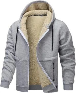Men Drawstring Hooded Zipper Jacket Thicken Classic Long Sleeve Knitted Plush Coat