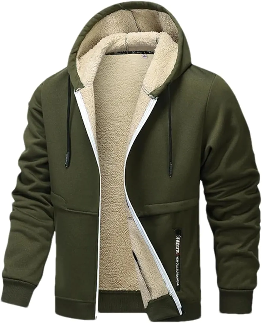 Men Drawstring Hooded Zipper Jacket Thicken Classic Long Sleeve Knitted Plush Coat