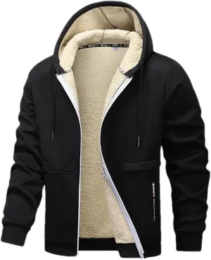 Men Drawstring Hooded Zipper Jacket Thicken Classic Long Sleeve Knitted Plush Coat