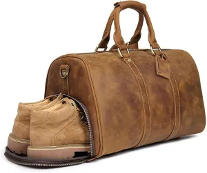 Men' s Vintage Leather 14" Laptop Duffel Bag Overnight Weekender Travel Carry On Luggage Handbag Holdall with Shoes Compartment Sports Overnight Gym Luggage Weekend
