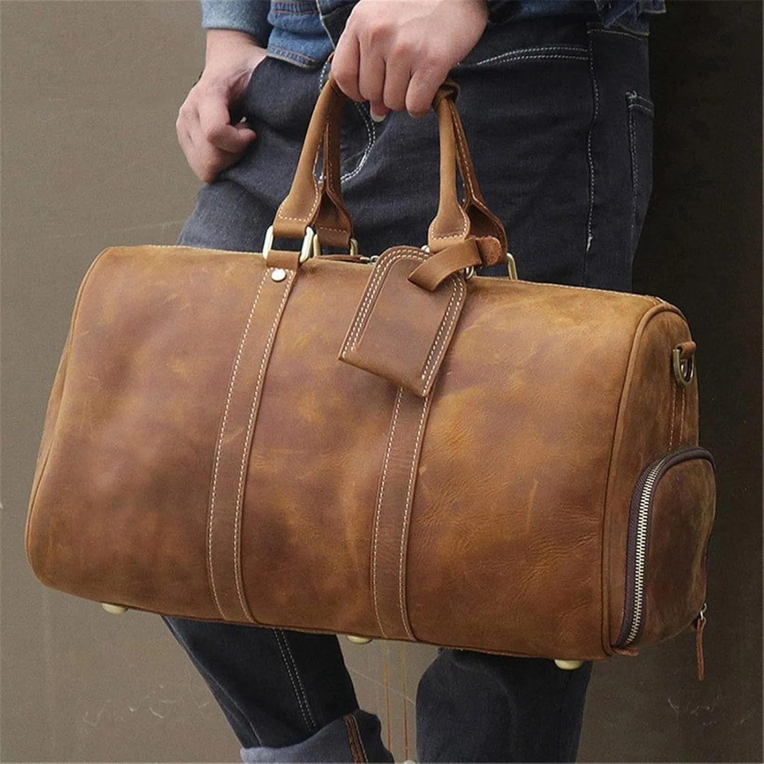 Men' s Vintage Leather 14" Laptop Duffel Bag Overnight Weekender Travel Carry On Luggage Handbag Holdall with Shoes Compartment Sports Overnight Gym Luggage Weekend