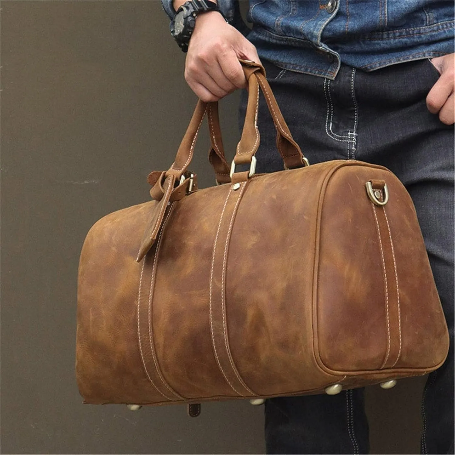 Men' s Vintage Leather 14" Laptop Duffel Bag Overnight Weekender Travel Carry On Luggage Handbag Holdall with Shoes Compartment Sports Overnight Gym Luggage Weekend