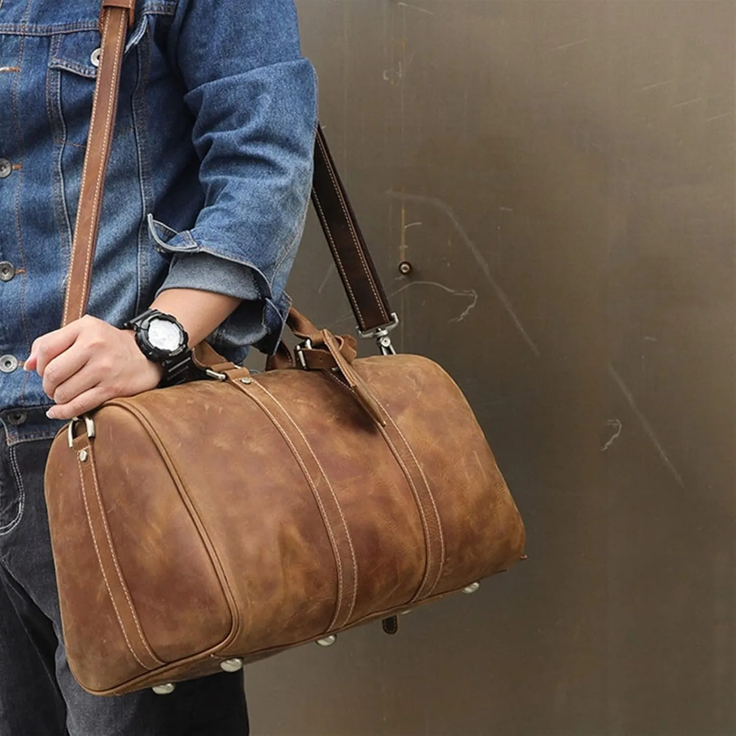 Men' s Vintage Leather 14" Laptop Duffel Bag Overnight Weekender Travel Carry On Luggage Handbag Holdall with Shoes Compartment Sports Overnight Gym Luggage Weekend
