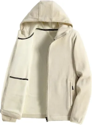 Men Zipper Up Hooded Solid Jacket Classic Plush Patchwork Warm Long Sleeve Coat