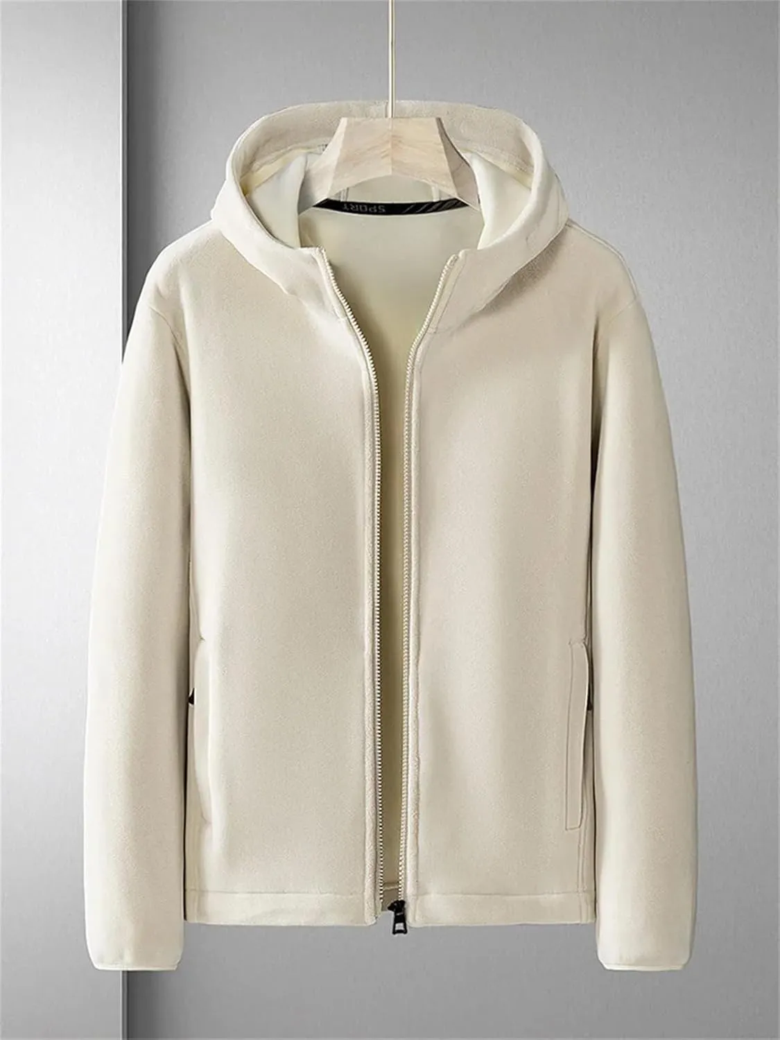 Men Zipper Up Hooded Solid Jacket Classic Plush Patchwork Warm Long Sleeve Coat