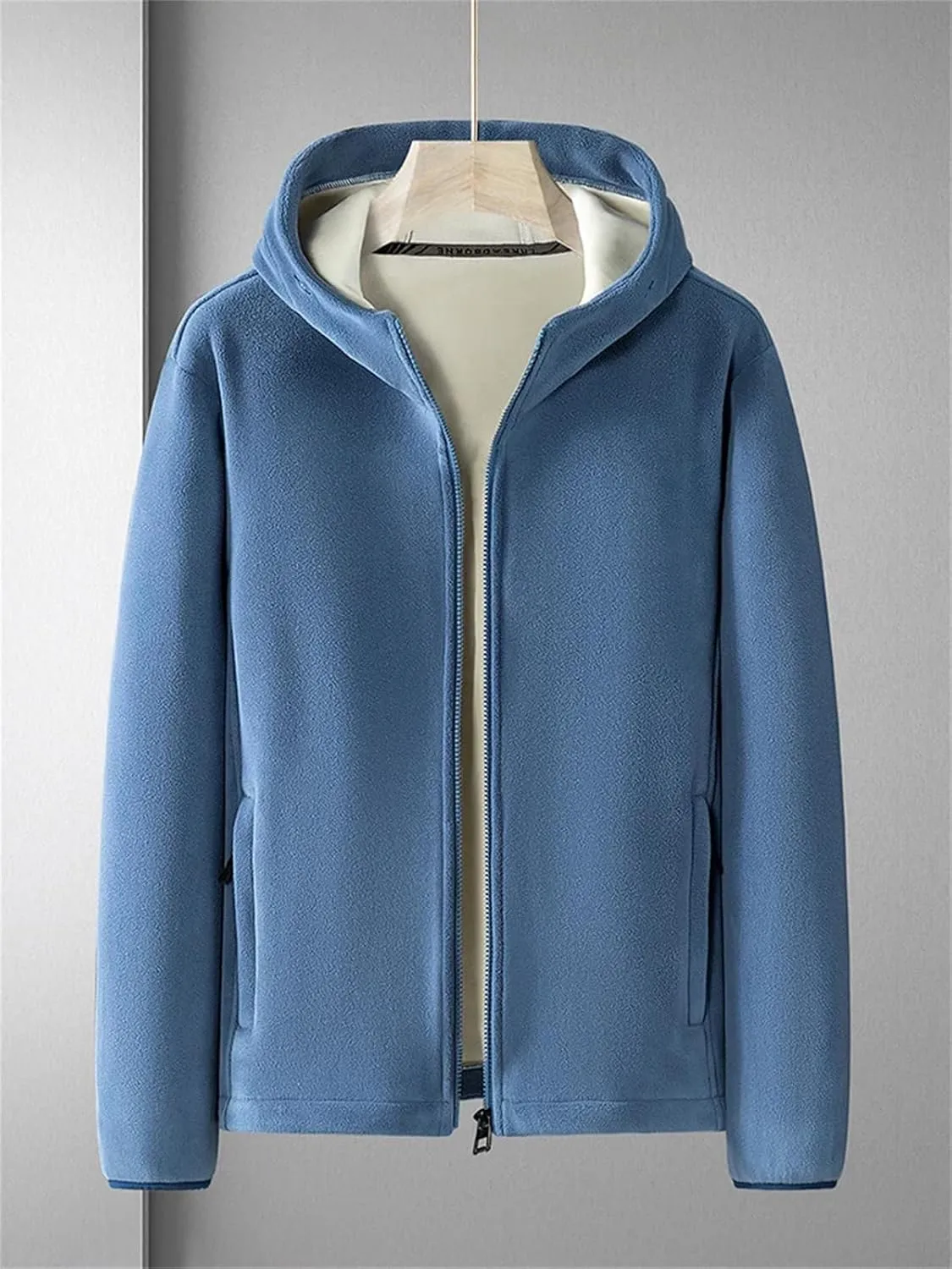 Men Zipper Up Hooded Solid Jacket Classic Plush Patchwork Warm Long Sleeve Coat