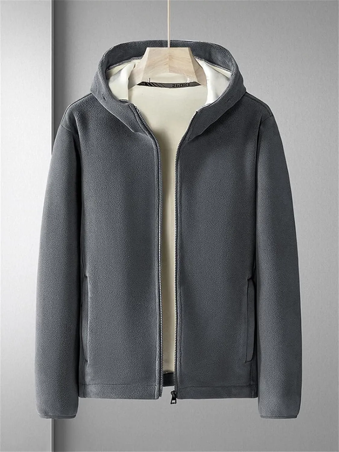 Men Zipper Up Hooded Solid Jacket Classic Plush Patchwork Warm Long Sleeve Coat
